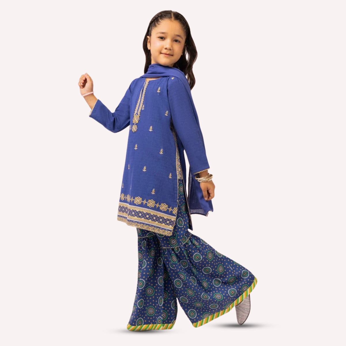 Girls’ blue embroidered dobby outfit with patterned trousers and a coordinating dupatta