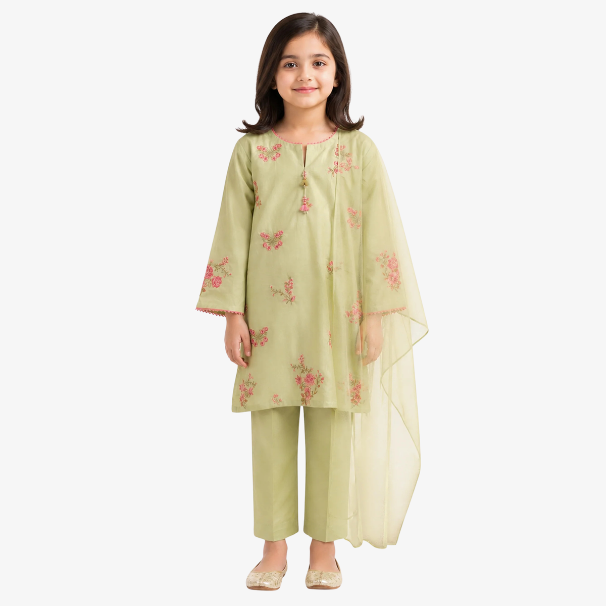 Full-length front view of the light green floral embroidered girls’ outfit with trousers and dupatta