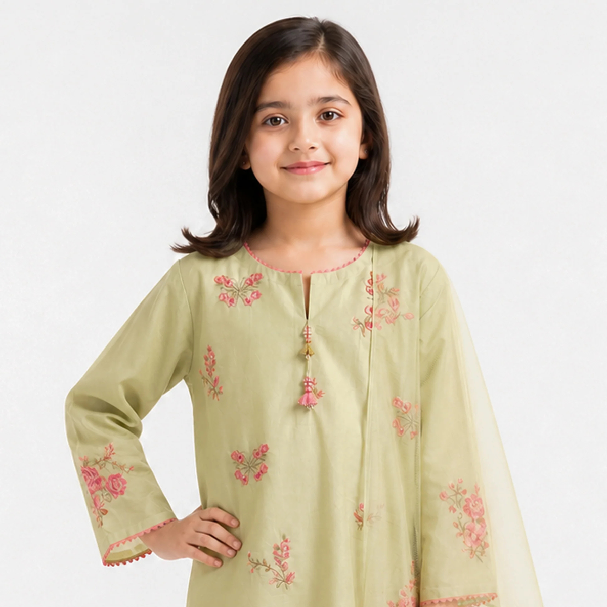 Girls’ light green lawn outfit with pink floral embroidery and lace edging