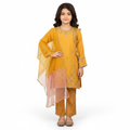 Girls’ mustard embroidered three-piece outfit with patterned trousers and a sheer dupatta