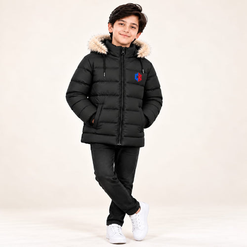 Boys’ black CK quilted puffer jacket with a trimmed hood, zip front and pockets