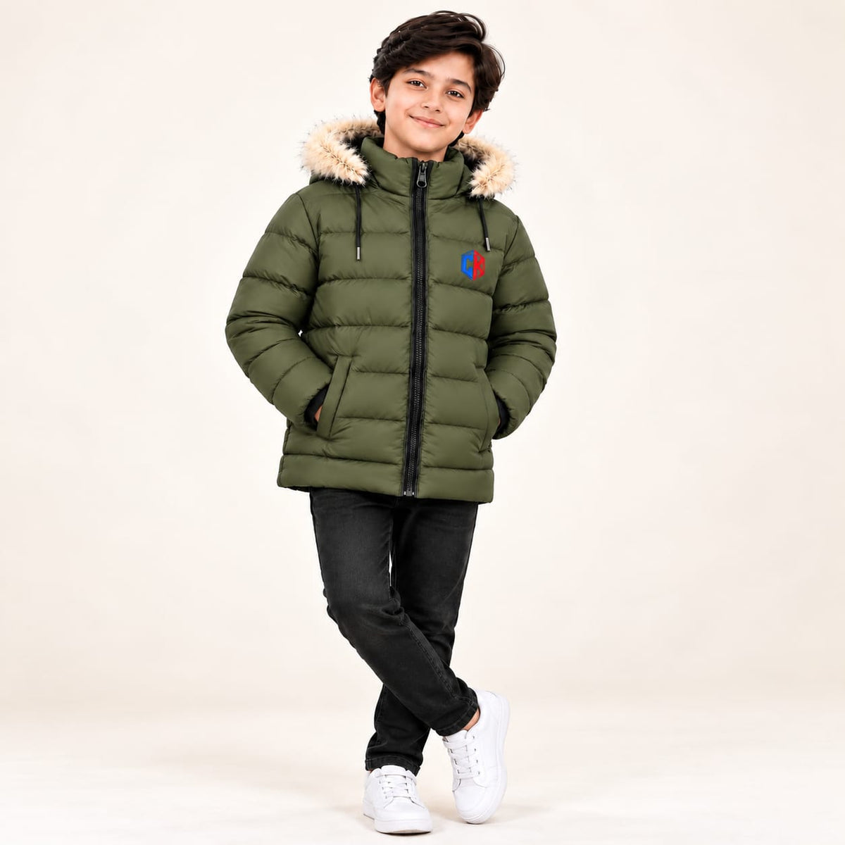 Boys’ olive CK quilted puffer jacket with a trimmed hood, zip front and pockets