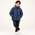 Boys’ blue CK quilted puffer jacket with a trimmed hood, zip front and pockets