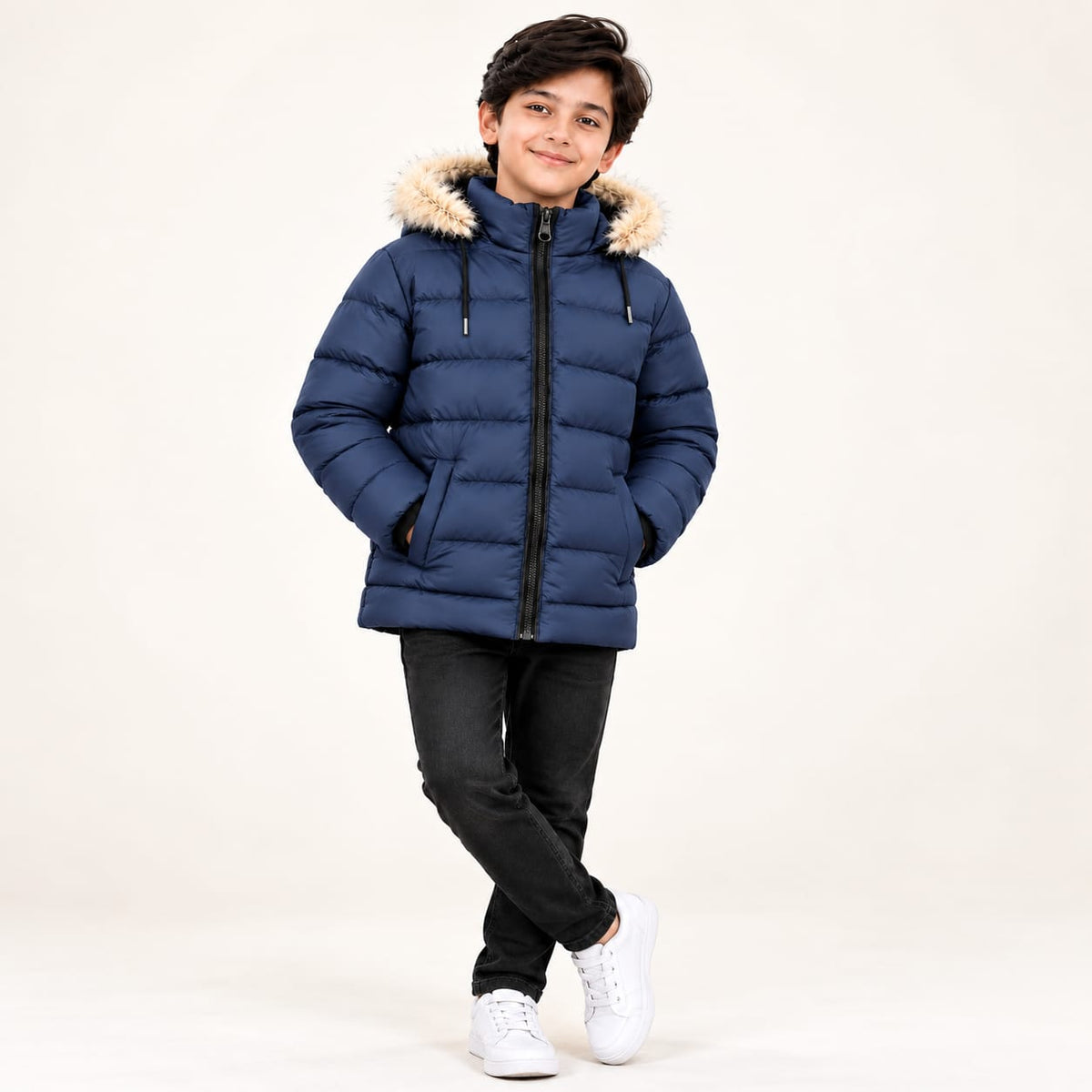 Boys’ blue CK quilted puffer jacket with a trimmed hood, zip front and pockets