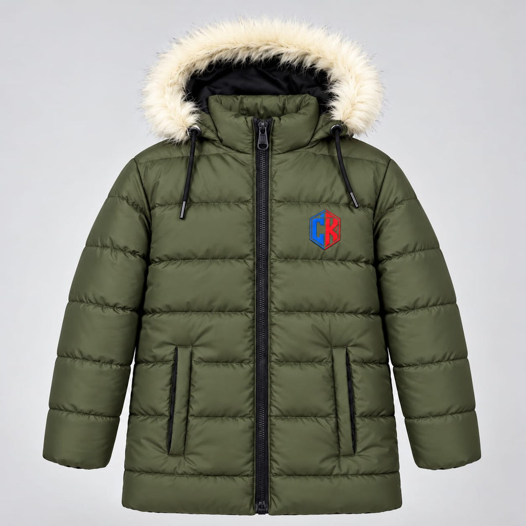 Olive hooded puffer jacket with light-coloured hood trim, front zip, pockets and CK chest emblem