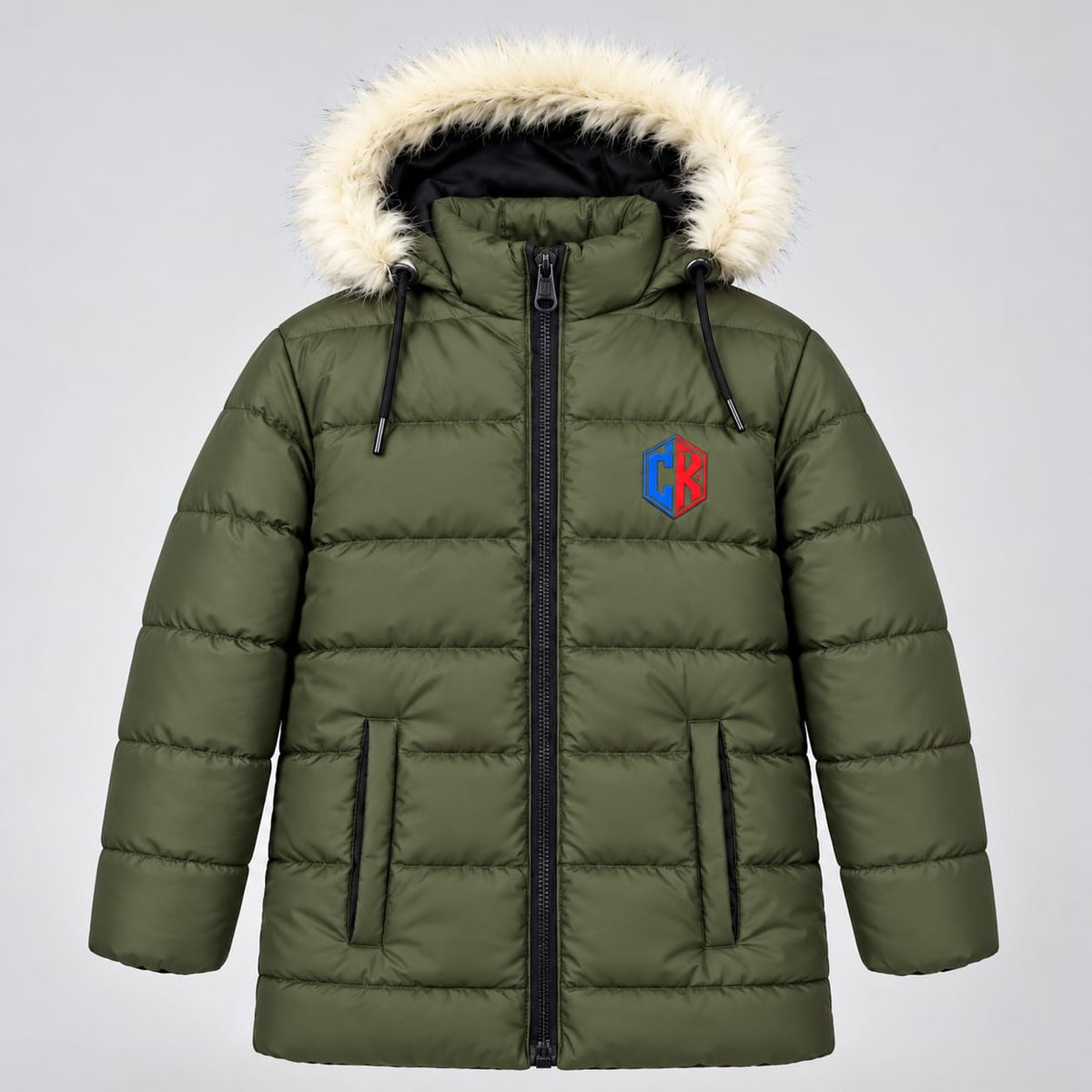 Olive hooded puffer jacket with light-coloured hood trim, front zip, pockets and CK chest emblem