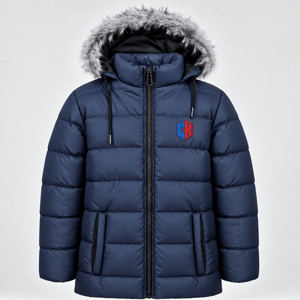 Blue hooded puffer jacket with grey hood trim, front zip, pockets and CK chest emblem