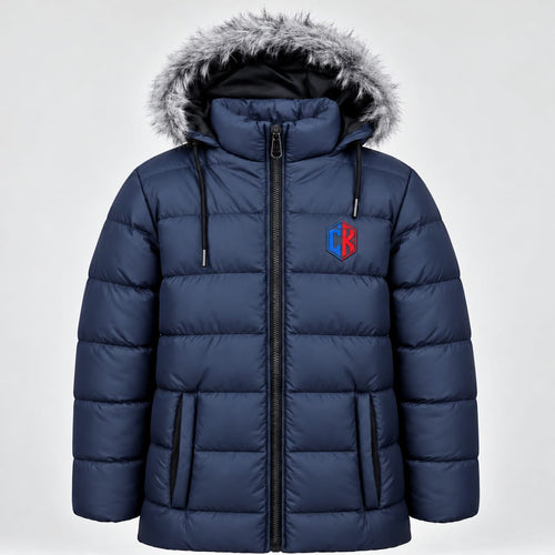 Blue hooded puffer jacket with grey hood trim, front zip, pockets and CK chest emblem
