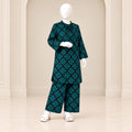 Girls’ black and teal two-piece suit with teal leaf motifs against a black background, a long-sleeved top and matching trousers
