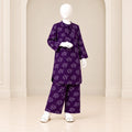 Girls’ purple two-piece suit with small light-coloured floral sprigs over purple fabric, a long-sleeved top and matching trousers