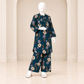 Girls’ zinc two-piece suit with cream and lilac flowers with contrasting leaves, a long-sleeved top and matching trousers