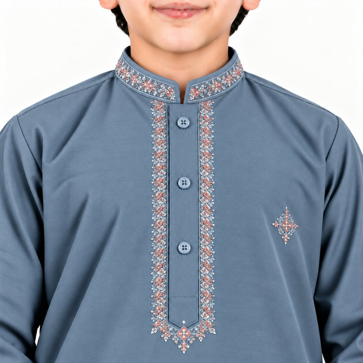 Close-up of collar, button placket and chest embroidery on the steel blue boys’ kurta