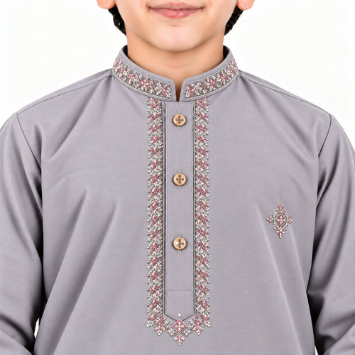 Close-up of neckline, placket and chest embroidery on the light grey boys’ kurta