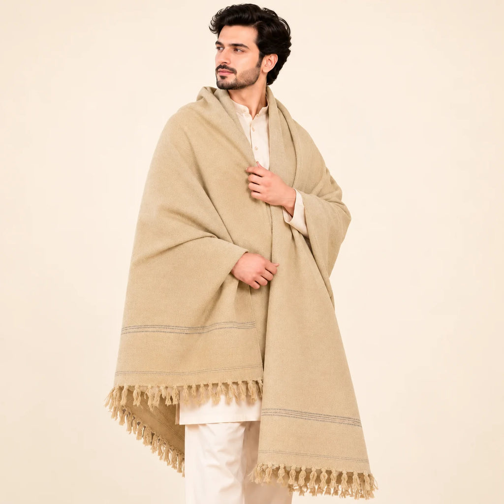 Men’s Winter Shawl — Beige with Subtle Border — closer front view