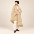 Men’s Winter Shawl — Beige with Subtle Border — full-length studio view