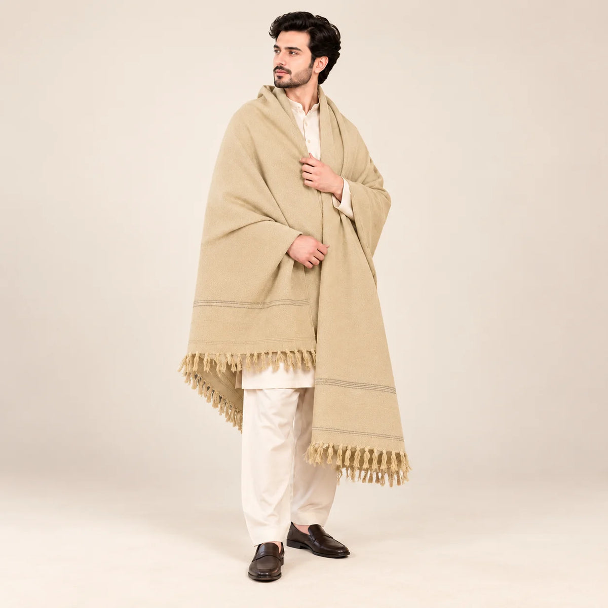 Men’s Winter Shawl — Beige with Subtle Border — full-length studio view