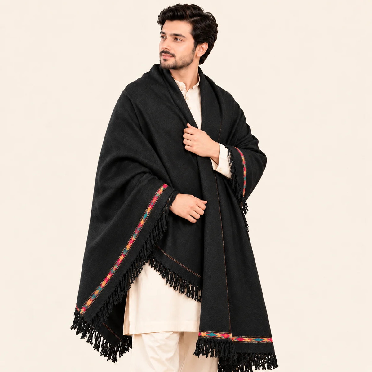 Men’s Winter Shawl — Black with Woven Border — closer front view