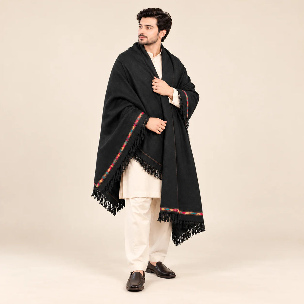 Men’s Winter Shawl — Black with Woven Border — full-length studio view