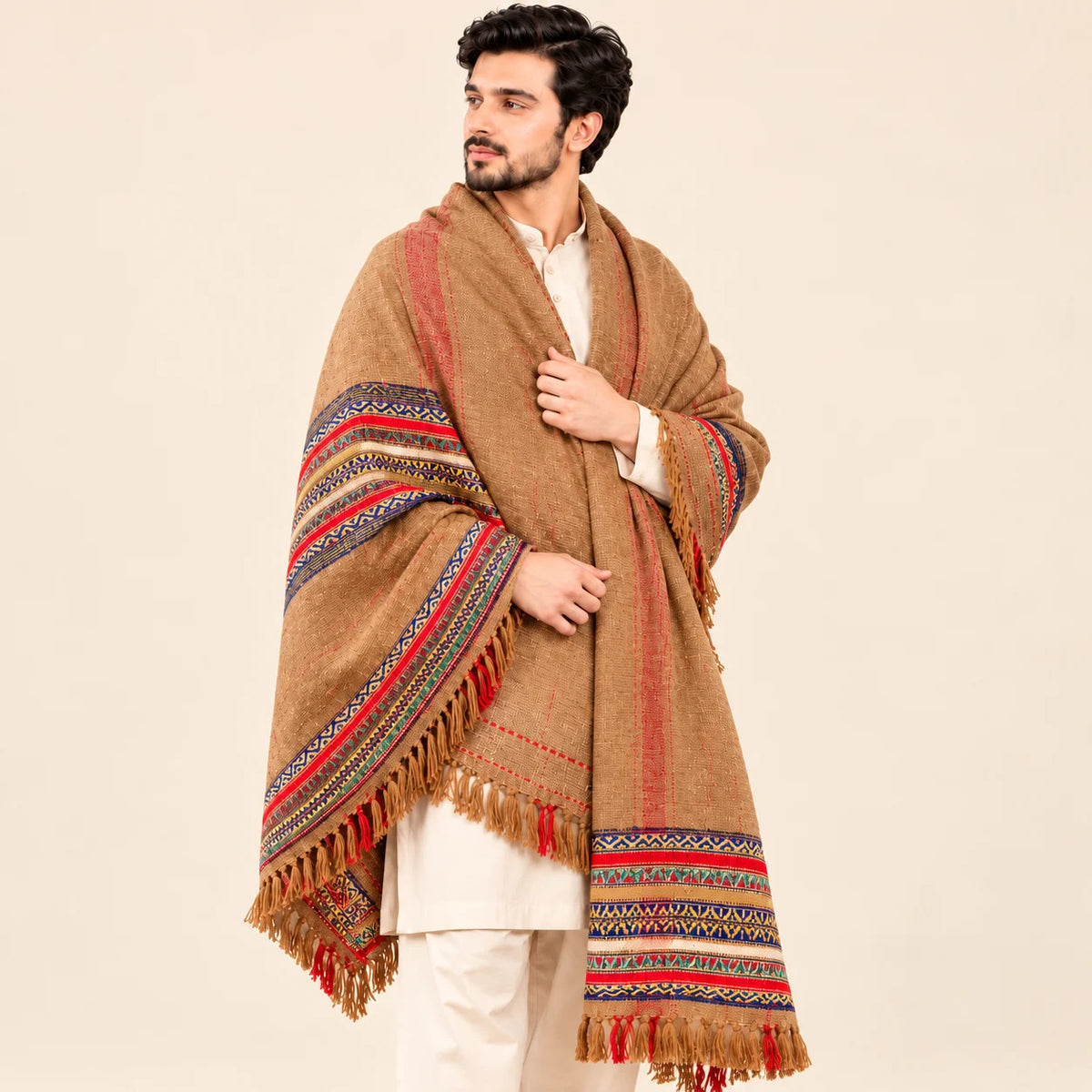 Men’s Winter Shawl — Camel with Multicolour Border — closer front view
