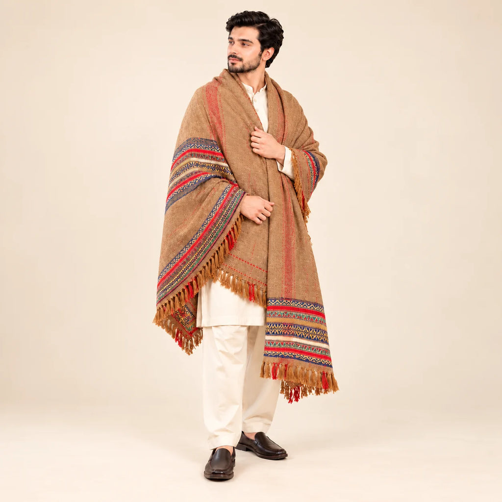 Men’s Winter Shawl — Camel with Multicolour Border — full-length studio view