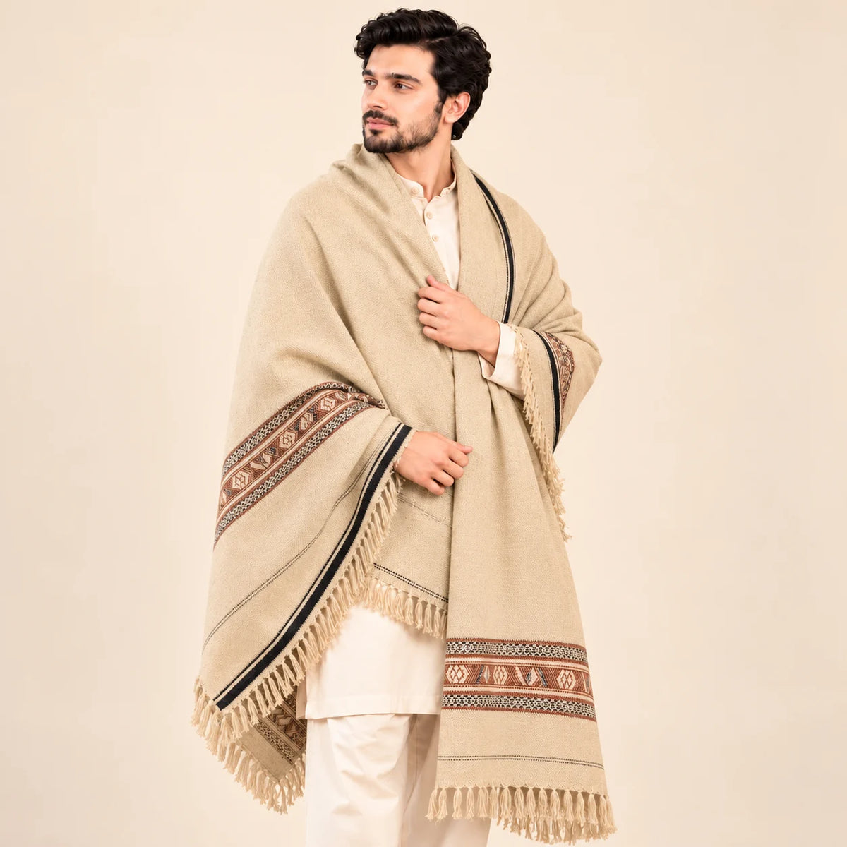 Men’s Winter Shawl — Cream with Geometric Border — closer front view
