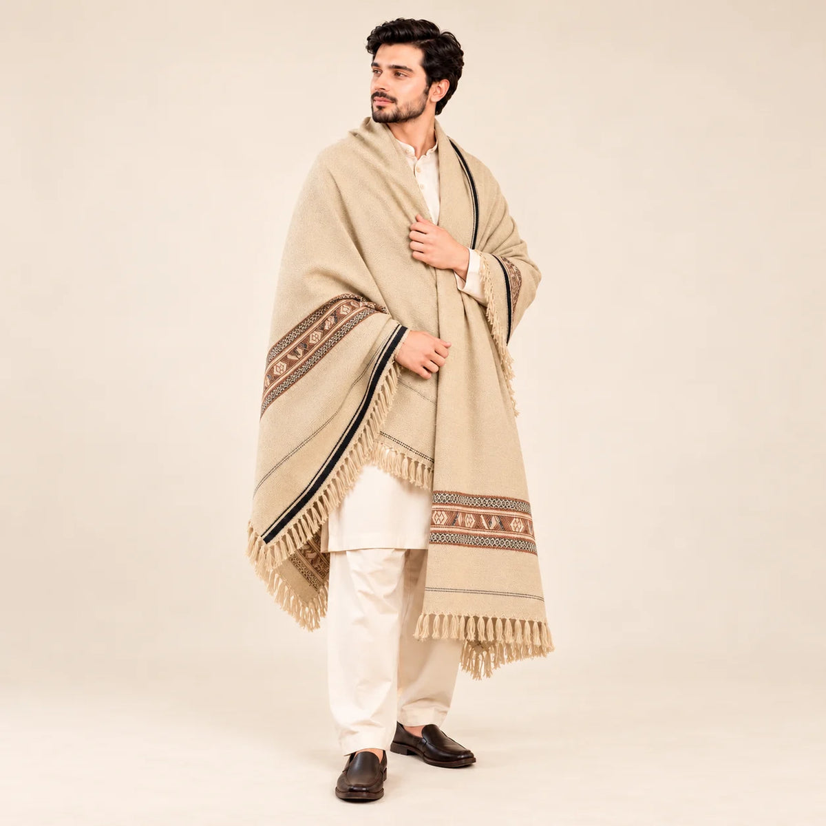 Men’s Winter Shawl — Cream with Geometric Border — full-length studio view