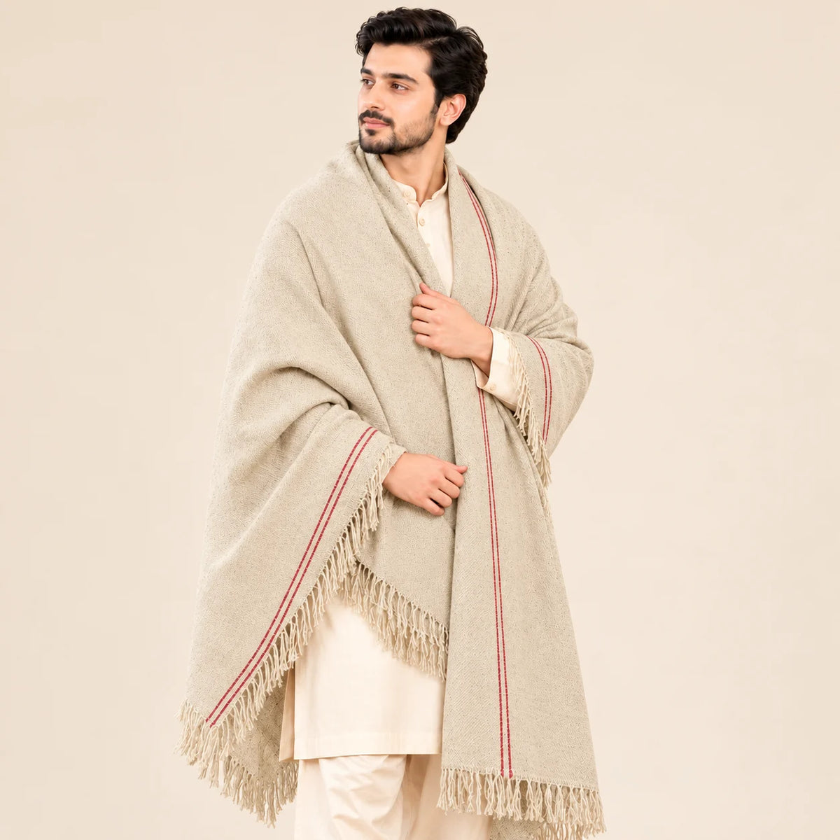 Men’s Winter Shawl — Cream with Red Stripe — closer front view