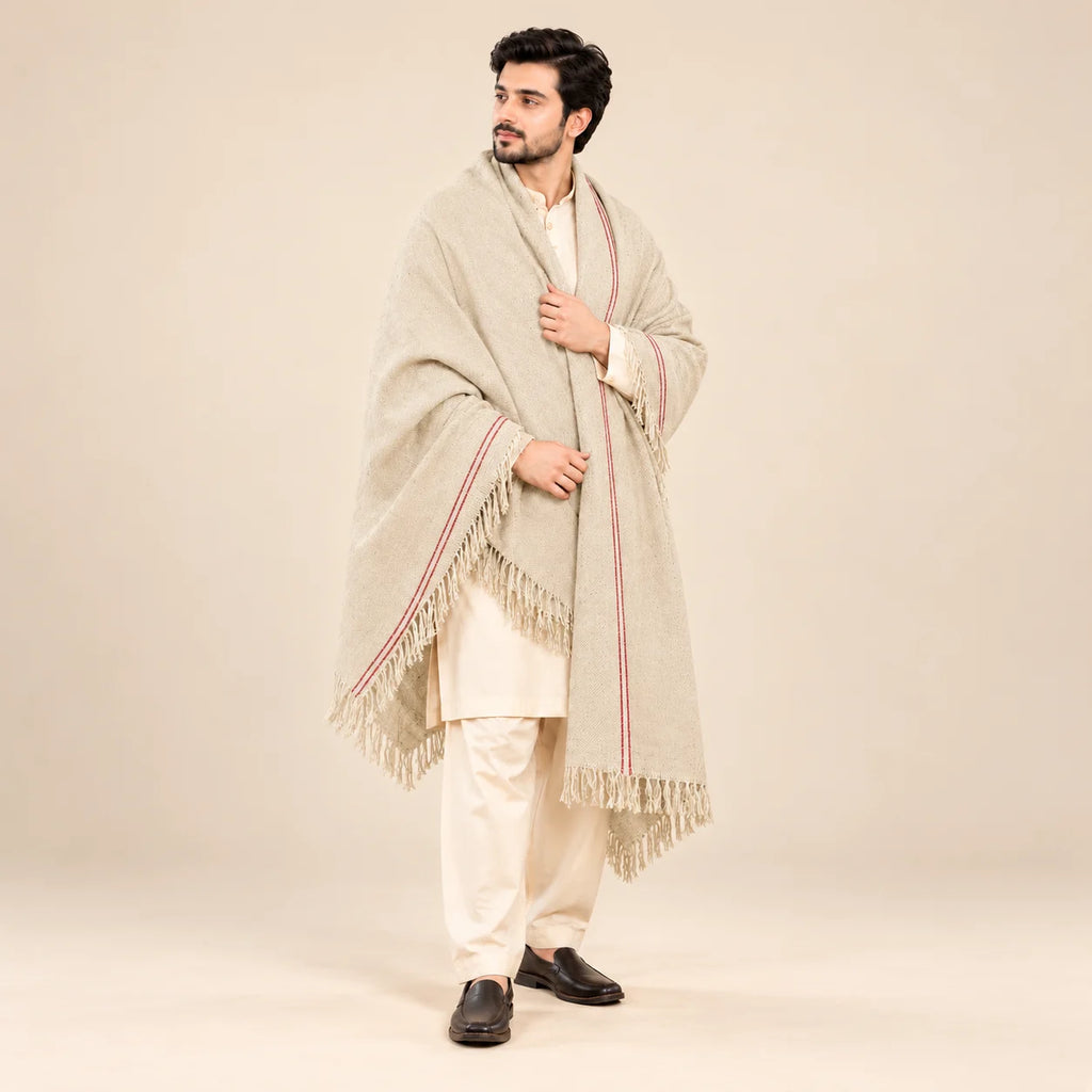 Men’s Winter Shawl — Cream with Red Stripe — full-length studio view