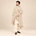 Men’s Winter Shawl — Cream with Red Stripe — full-length studio view