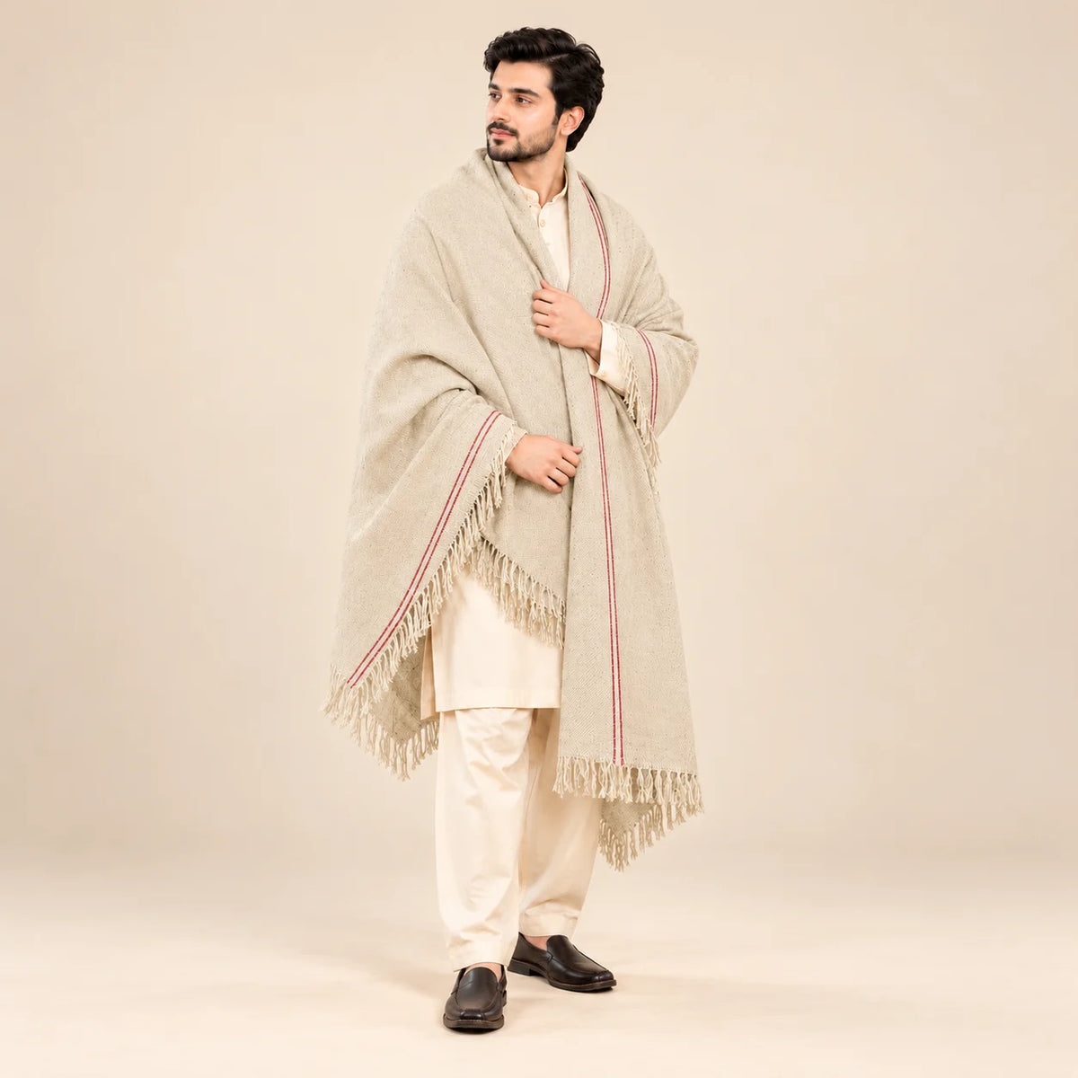 Men’s Winter Shawl — Cream with Red Stripe — full-length studio view