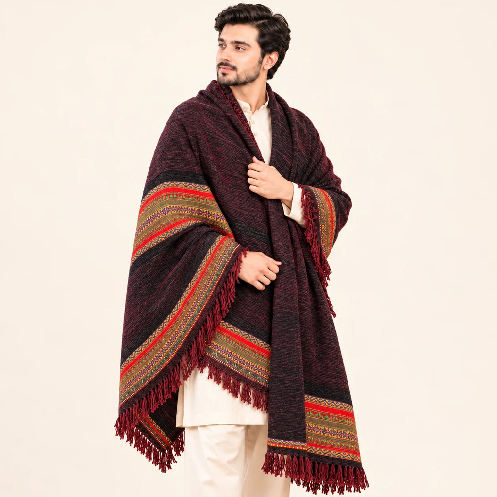 Men’s Winter Shawl — Maroon with Multicolour Border — closer front view