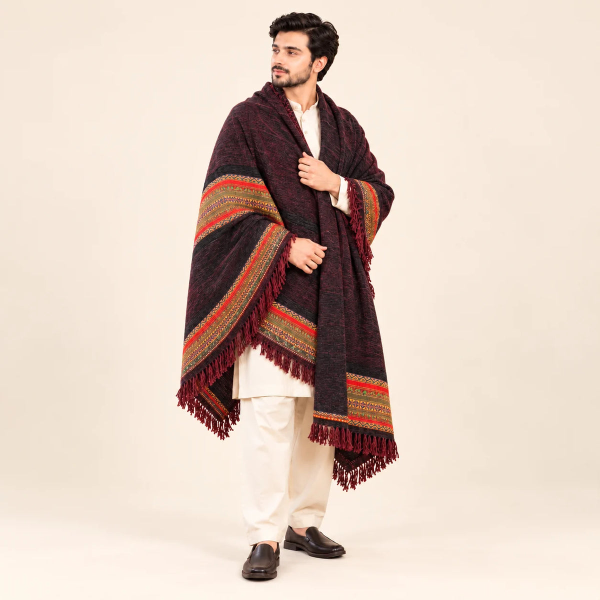 Men’s Winter Shawl — Maroon with Multicolour Border — full-length studio view