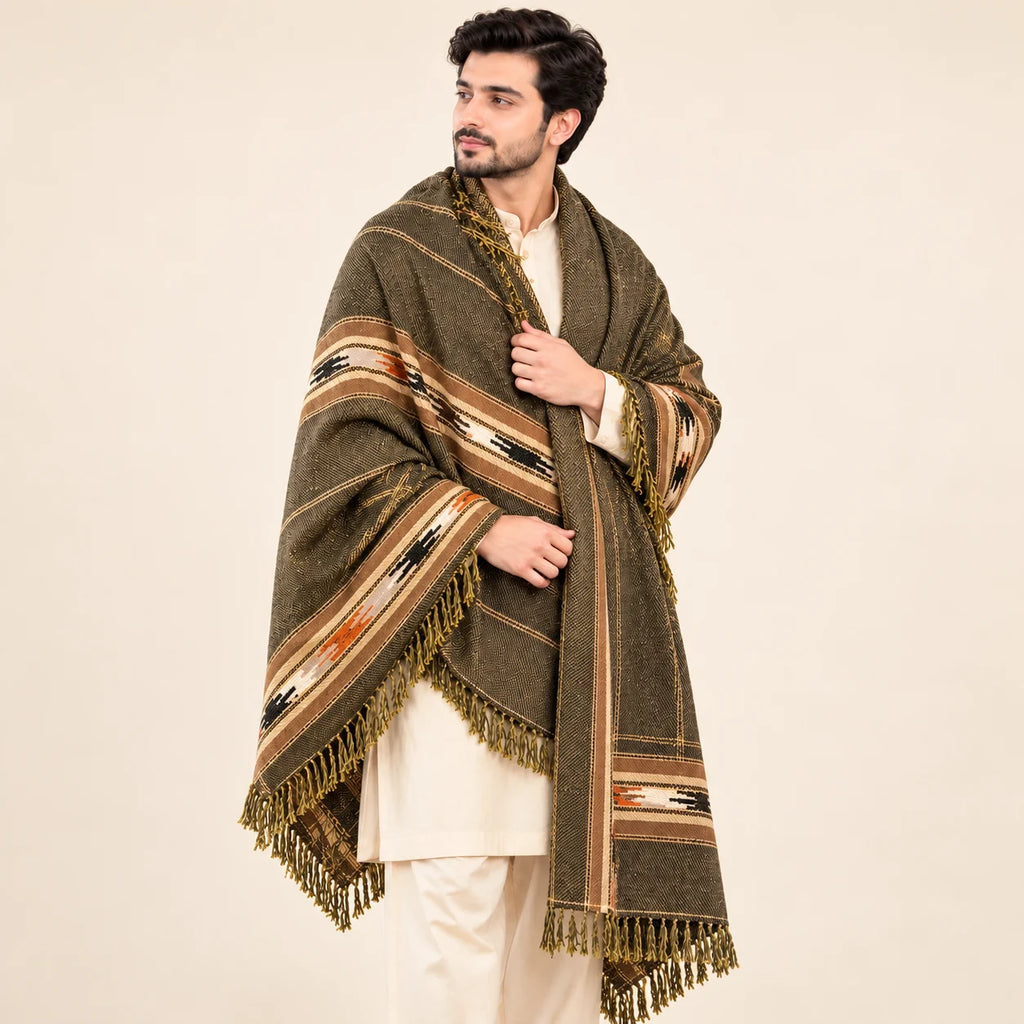 Men’s Winter Shawl — Olive with Striped Border — closer front view