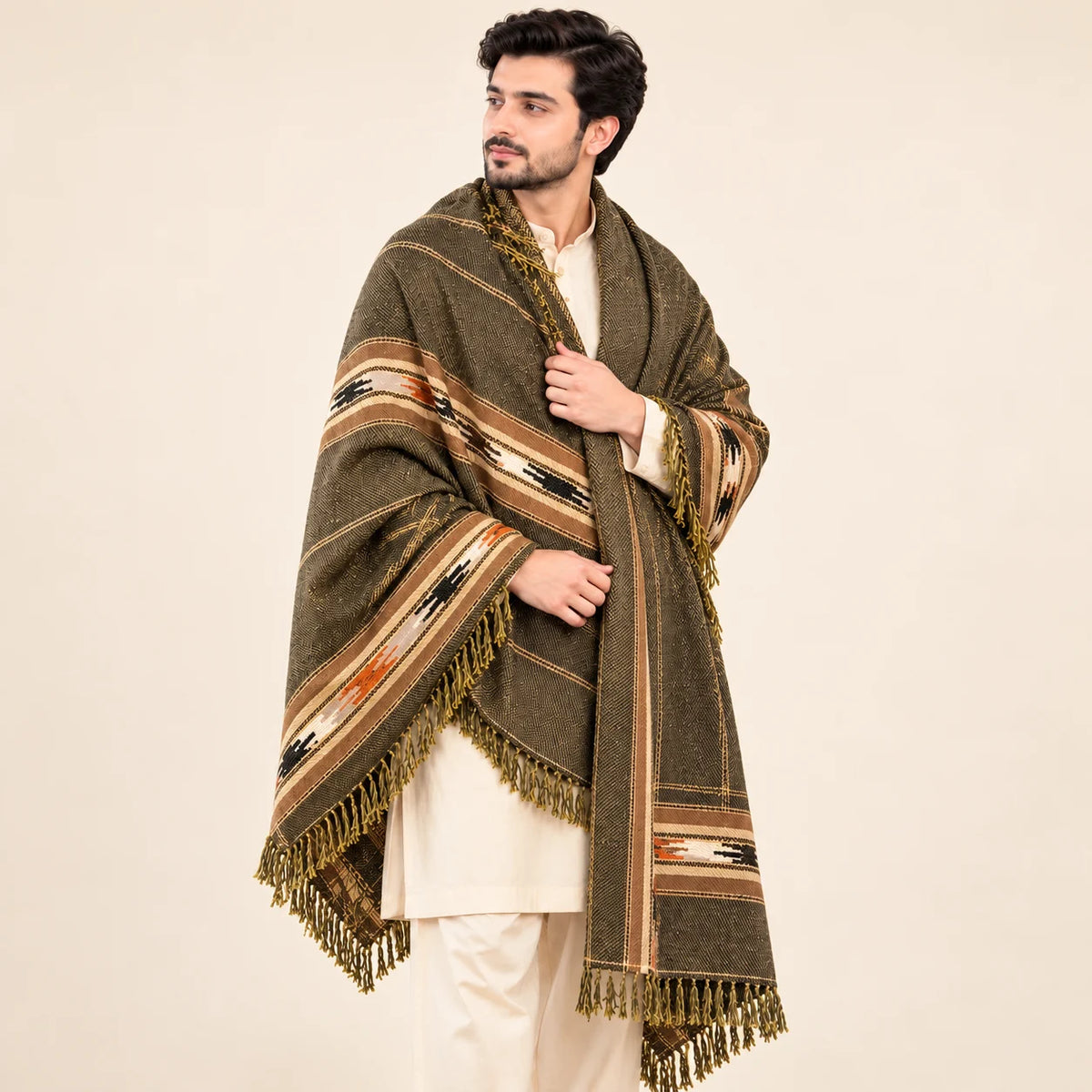Men’s Winter Shawl — Olive with Striped Border — closer front view