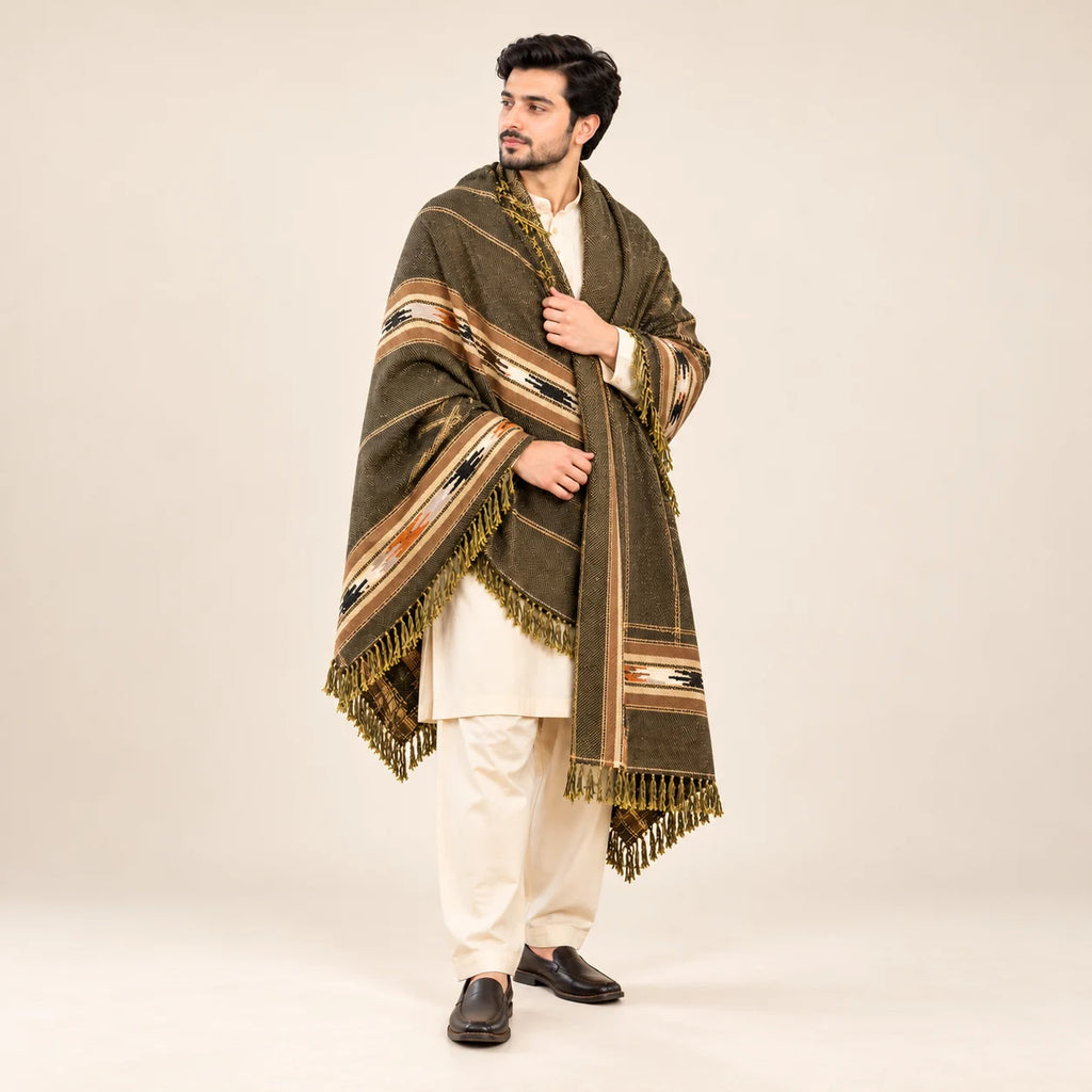 Men’s Winter Shawl — Olive with Striped Border — full-length studio view