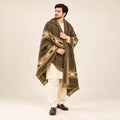 Men’s Winter Shawl — Olive with Striped Border — full-length studio view