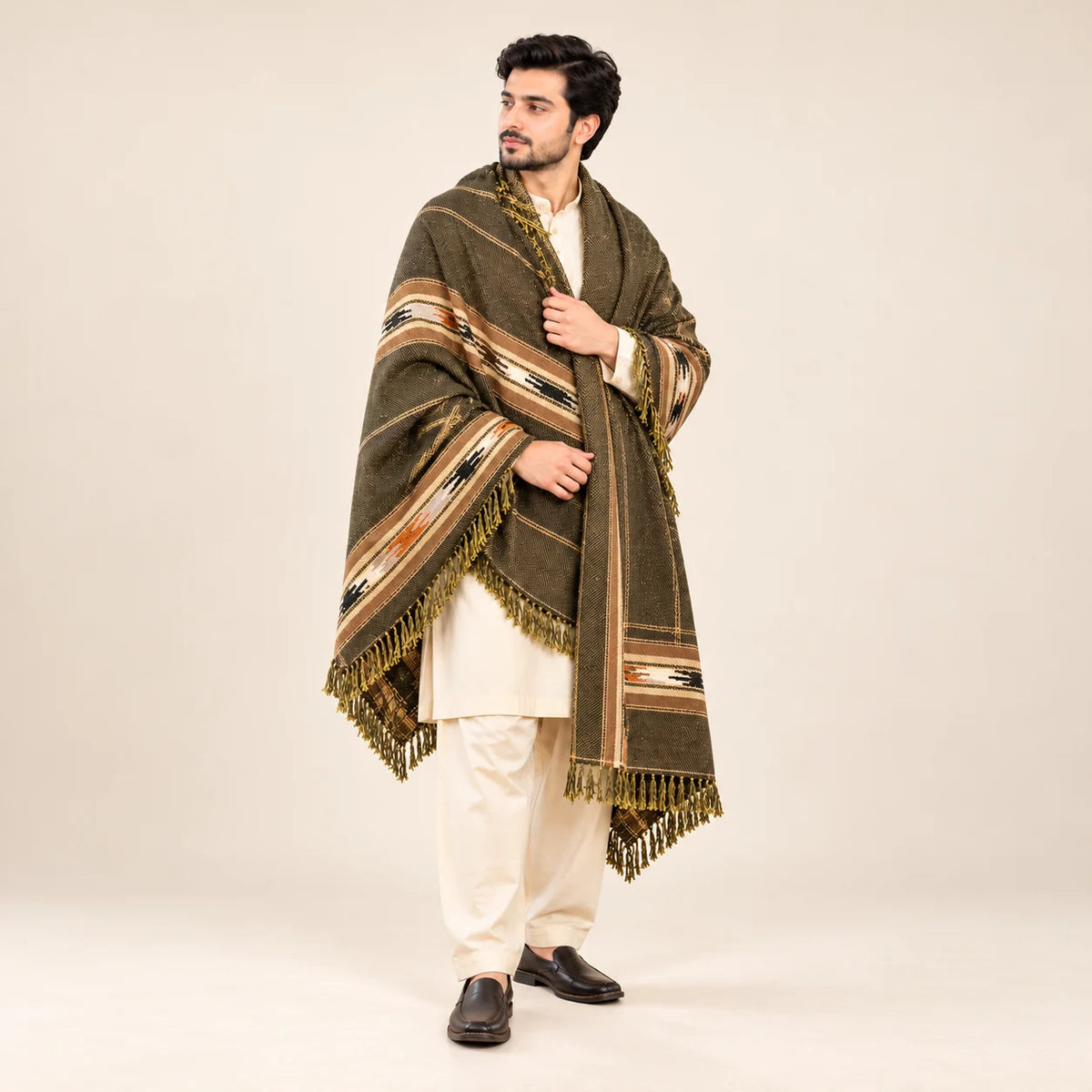 Men’s Winter Shawl — Olive with Striped Border — full-length studio view